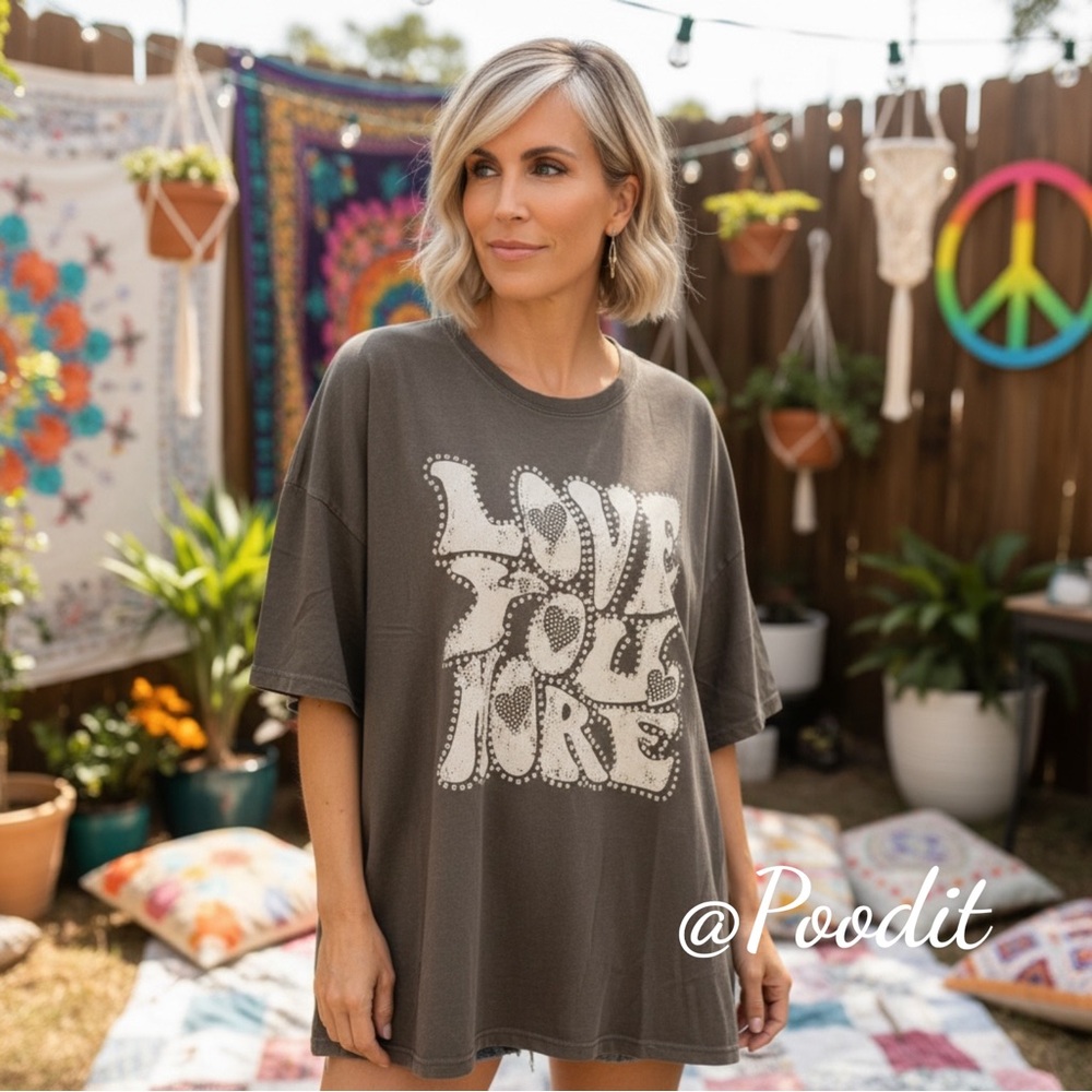 Fantastic Fawn “Love you More” oversized olive embellished tee S M L